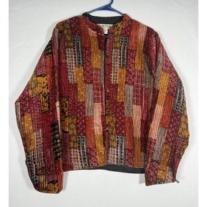 Orvis Blazer Womens Large Quilted Tapestry Geometric Velvet-Feel Artsy Patchwork